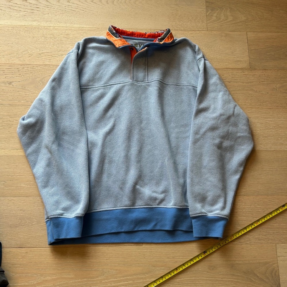 Orvis Mens XL Light Blue Quarter Zip Pullover Flag Trim Orange Corduroy Mockneck